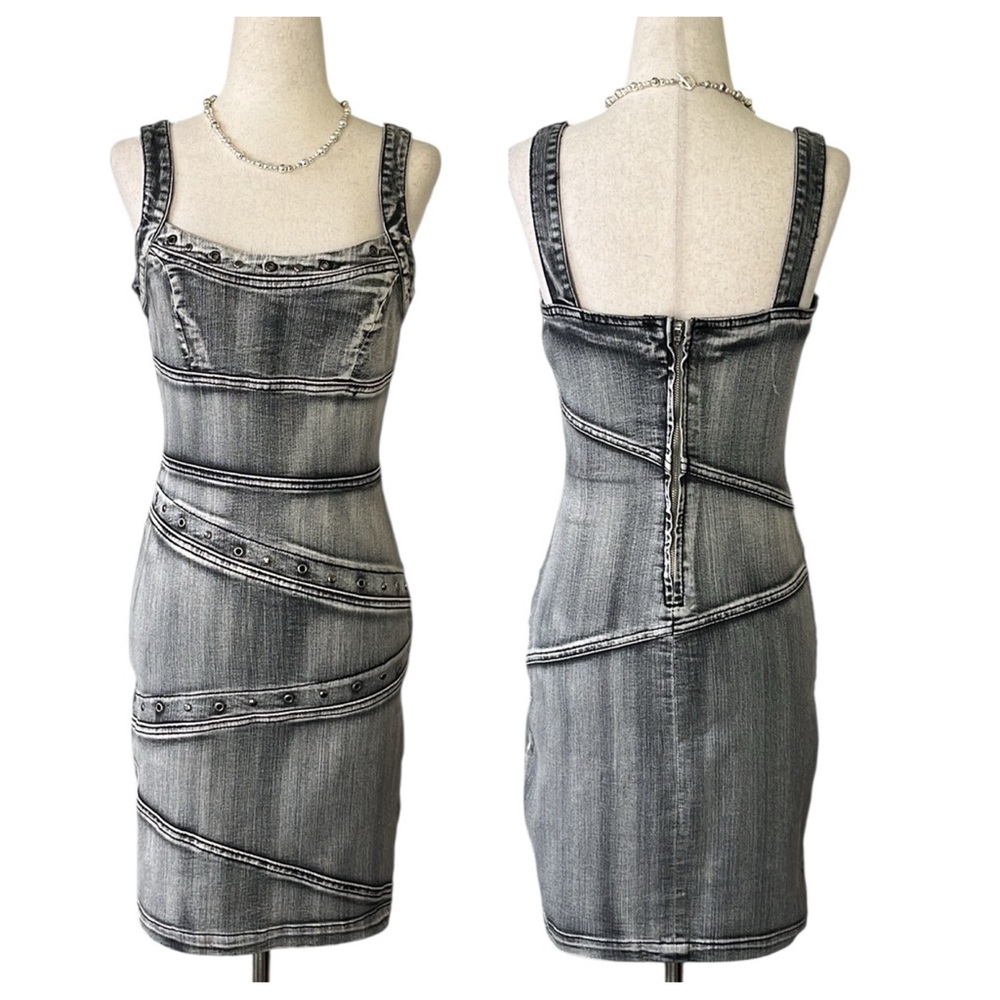 Boom Boom Y2K Black Stone Washed Body Con Denim Mini Dress